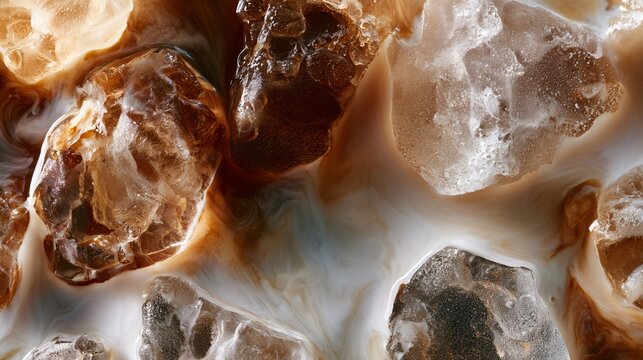 A macro top-down study of iced coffee revealing detailed ice formations, milk marbling effects, and realistic condensation patterns