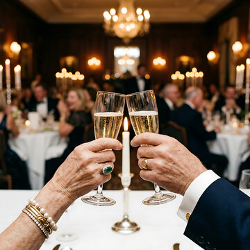 Close up of an elderly couple making a champagne toast at an opulent formal event with fine jewelry.