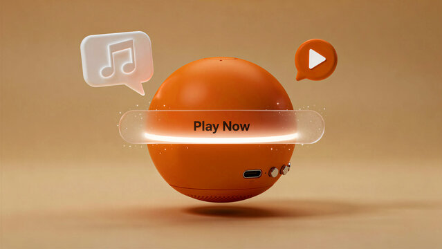 Orange spherical smart speaker with floating music and play icons. Minimalist 3D render featuring a Play Now glass interface button. Modern audio tech concept for streaming service marketing.