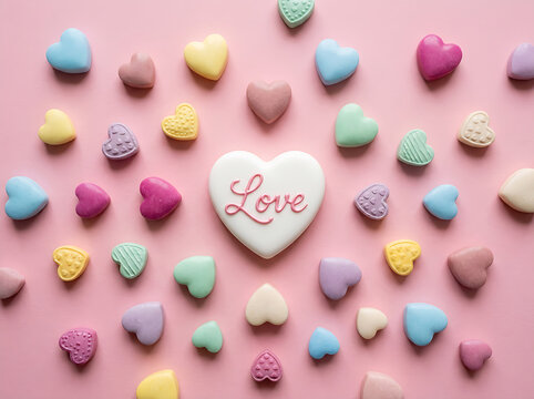 Flat lay view of sweet colorful conversation heart candies surrounding a central Love heart on pastel pink.