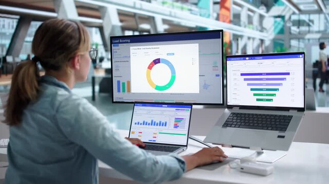 Sales Manager Reviewing Lead Scoring Dashboard On Laptop