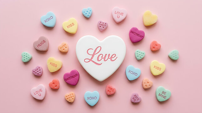 Pastel heart candies scattered around a white center heart displaying Love typography on a soft pink surface.