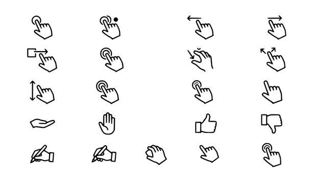 Minimal black and white hand icons pack with touch gestures user interface and navigation symbols vector isolated on white background