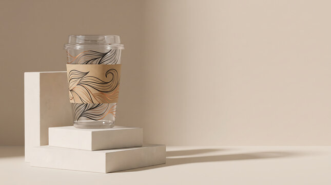 Clear disposable cup mockup on geometric pedestals, offering ample copy space against a neutral background. Ideal for Halloween advertising or showcasing product branding.