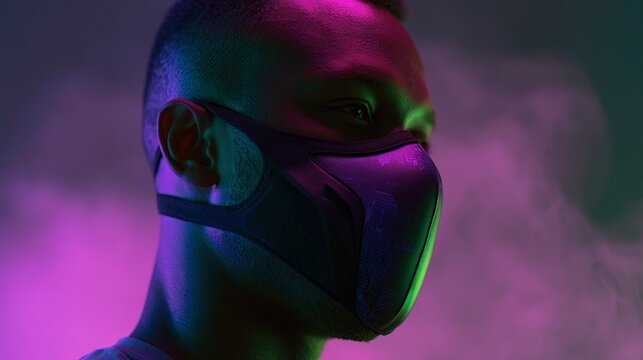 sharp, high-contrast portrait of person wearing futuristic matte black mask with digital glitch twilight enhances seasonal mood