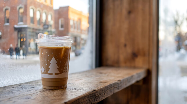 Festive iced coffee in a Christmas cup on a rustic window shelf. Ideal mockup for advertising, offering ample copy space with a snowy street background.