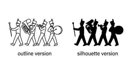 Marching Band Ensemble: A marching band depicted in both an outline and silhouette style, showcasing musicians playing various brass instruments and a drum, preparing for a performance. © Halima