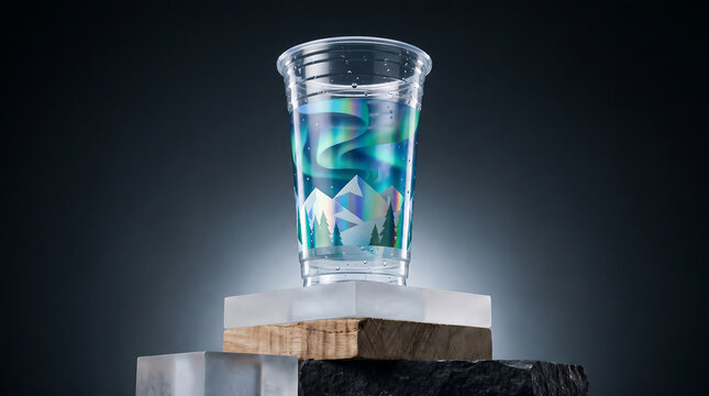 A festive winter drink mockup featuring an aurora-themed cup on stacked blocks, perfect for Christmas advertising with ample copy space in the background.