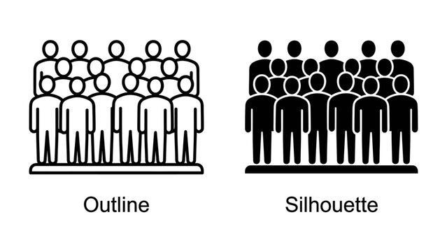 Group Iconography: A comparison of two representations of a group of people, one as an outline and the other as a silhouette, illustrating different graphical styles.