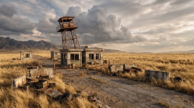 Abandoned military watchtower standing in a desolate field under a dramatic cloudy sky.