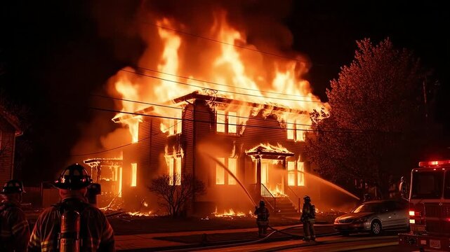 Firefighters bravely battle a massive house fire at night, flames engulfing the structure.