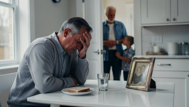 Sad senior man sitting at a kitchen table with his head in his hand. A framed family photo sits nearby while others appear blurred in the background. Grief and dementia concept for health marketing.