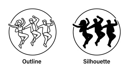 Dancing Figures Outline and Silhouette: A pair of artistic representations showcasing lively dancing figures, one in a clean outline style and the other as a striking silhouette. © Nirob