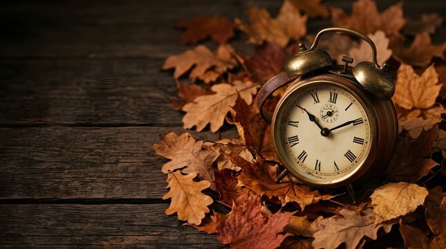 Close-up of a vintage brass alarm clock with Roman numerals resting on a bed of dry autumn oak and maple leaves over a dark rustic wooden background with copy space.