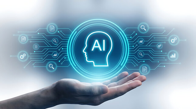 Modern business tech graphic showing an open hand hovering beneath a glowing AI head profile interface design.