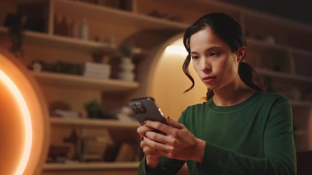 Serious Korean female student scrolling phone in college library, e-learning