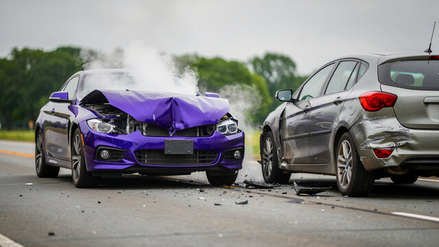 Two cars collided on highway with smoke rising from engine. Frontal damage and debris scattered across road surface. Car insurance claim concept for automotive legal and safety services.
