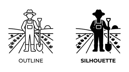 Farmer in the Field: A stylized illustration depicting a farmer in overalls and a hat, holding a shovel in a cultivated field with rows of young plants. © Jwel