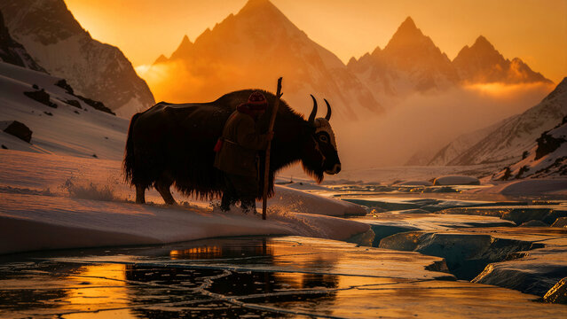 Man leading yak through snowy mountains at sunset. Traditional herder navigating icy terrain during golden hour. Himalayan nomadic culture concept for travel and adventure marketing.