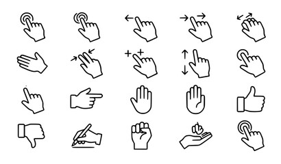 Fototapeta premium Minimal black and white hand icons pack with touch gestures user interface and navigation symbols vector isolated on white background