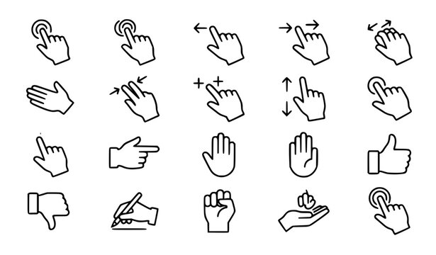Minimal black and white hand icons pack with touch gestures user interface and navigation symbols vector isolated on white background