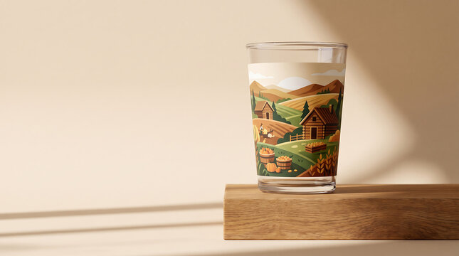 A glass mockup featuring a charming harvest illustration, designed for Oktoberfest advertising. The clean background provides excellent copy space for product promotion.