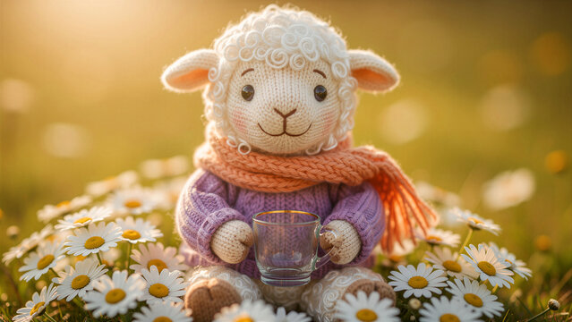 Knitted sheep toy sitting in a daisy field with a tea cup. Handcrafted animal wearing a sweater and scarf at sunset. Whimsical craft concept for nursery and spring marketing.