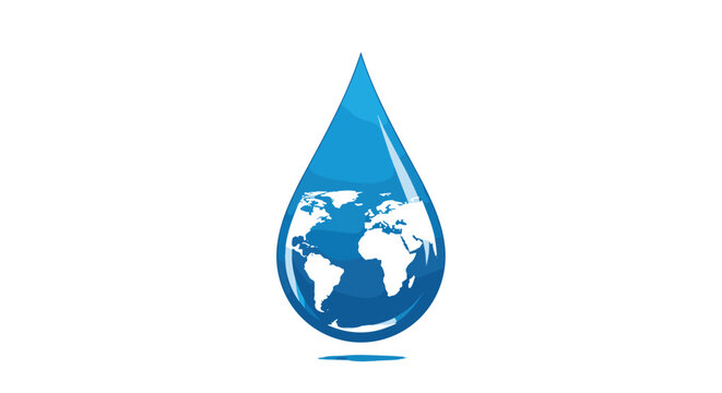 Large blue water drop containing a translucent earth globe with concentric circles on a white background.