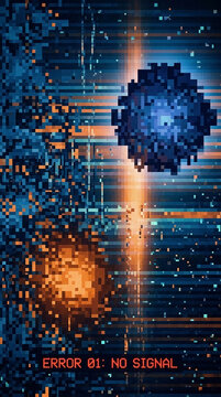 Pixelated abstract background with blue, orange, and teal hues, featuring a fuzzy blue sphere and text "ERROR 01: NO SIGNAL," symbolizing technical issues or data loss, digital glitch