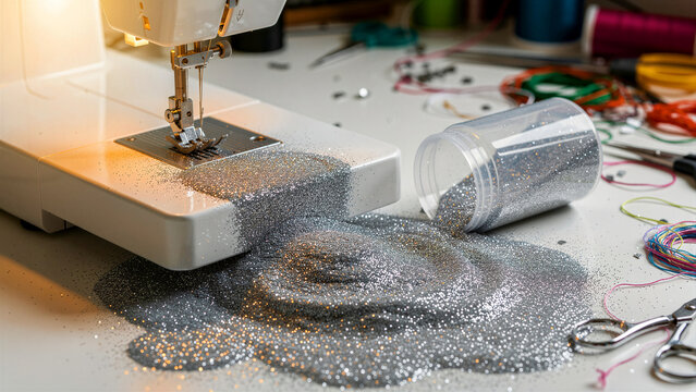 Silver glitter spilling from a container onto a white sewing machine and workbench. Close-up of a messy tailor workspace with thread and scissors. Glamorous DIY fashion concept for craft promotions.