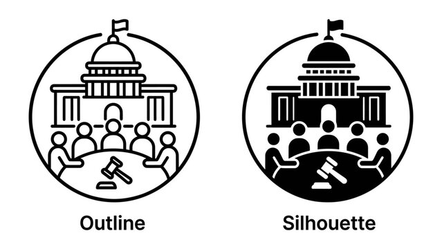 Government Meeting Icons: A set of outline and silhouette icons depicting a government building and people in a meeting, with a gavel present, symbolizing law, justice, and governance.