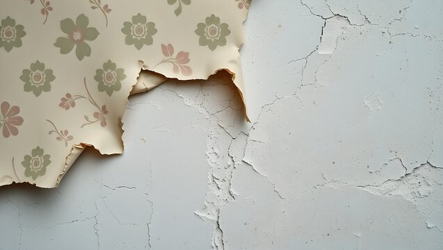 Vintage Peeling Wallpaper on Cracked Plaster Wall Texture, Rustic Distressed Background with Faded Floral Pattern for Retro Graphic Design