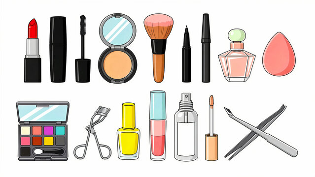 Collection of various makeup and beauty products isolated on white. Set includes lipstick, mascara, eyeshadow palette, and brushes in vector style. Ideal for beauty blog and salon marketing.