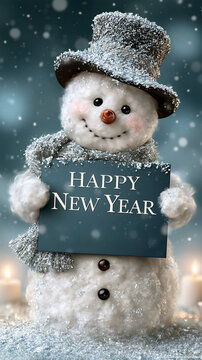 Cute smiling snowman holding Happy New Year sign with winter snow, festive holiday decoration, sparkling snowflakes and cozy seasonal background, vertical greeting card illustration for New Year 