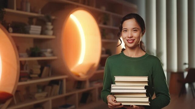 Smiling Asian female student holding stack of books in modern library, education