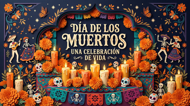 Paper craft Dia de los Muertos banner with glowing candles, sugar skulls, orange marigolds, papel picado, and dancing skeletons. Day of the Dead celebration.