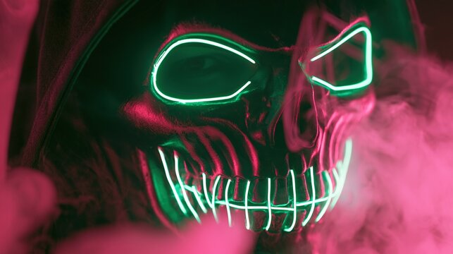 Close-up on futuristic mask featuring stylized neon skeleton jaw designs, glowing in electric green. scene is filled with thick