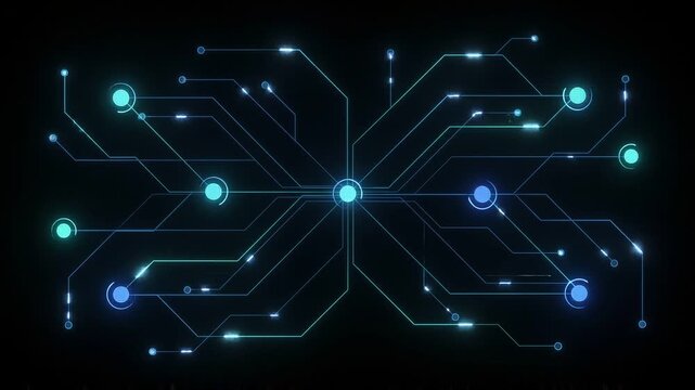 Glowing blue digital circuit board network on dark background