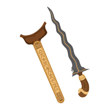 Traditional Malaysian Keris Dagger with Ornate Wooden Sheath Flat Vector Illustration