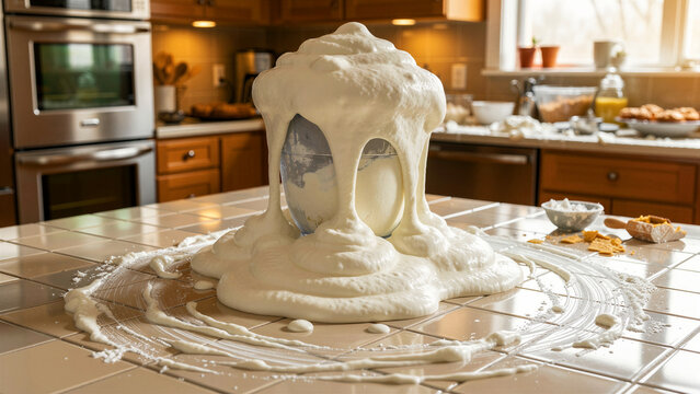 White foam overflowing from a blender onto a kitchen counter. Thick batter spilling over an appliance in a home setting. Kitchen disaster and baking fail concept for cleaning product advertisements.