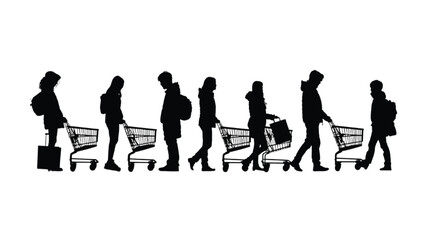 Obraz premium Customers silhouette collection shows individuals with bags and carts moving horizontally to illustrate diverse shopping activities and busy retail environments.