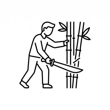 Farmer cutting bamboo stalks with a machete during harvest in a simple line art style