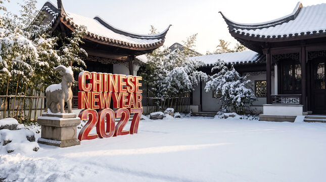 A snowy traditional East Asian garden features a display for Chinese New Year 2027, the Year of the goat, providing excellent copy space for advertising or news content.