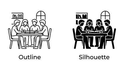 Study Group: Two sets of icons, one outlined and one silhouetted, depict a group of people gathered around a table, studying together in a room with bookshelves and windows. © Tuhin