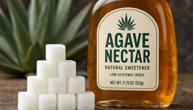 Glass bottle of amber agave nectar with a measured pile of sugar cubes positioned beside it representing the high sweetener content of approximately sixteen grams per single tablespoon