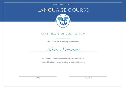 Language course certificate template completion school blank printable blue