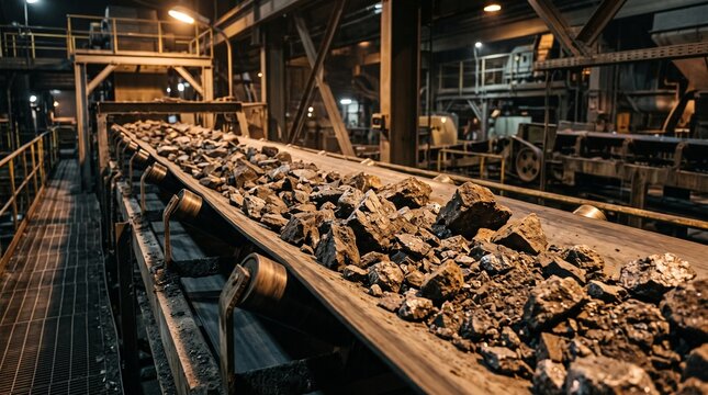 Raw mineral ore on industrial conveyor belt. Mining facility processing extracted rock materials.