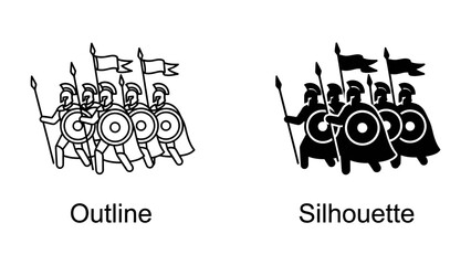 Obraz premium Ancient Warriors: Two depictions, an outline and a silhouette, showcase a formation of ancient warriors armed with shields and spears, carrying flags, ready for battle.