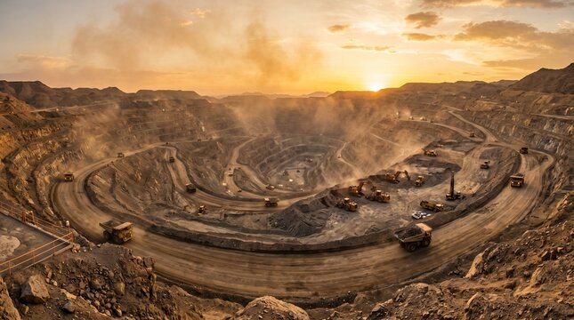 Open pit mine with heavy machinery. Industrial mining site at sunset with dust and trucks.