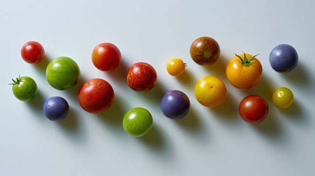 Group of colorful tomatoes arranged in a diagonal line on a light blue background. there are nine tomatoes in total, each with a different color - red, green, yellow, orange, purple, and blue.